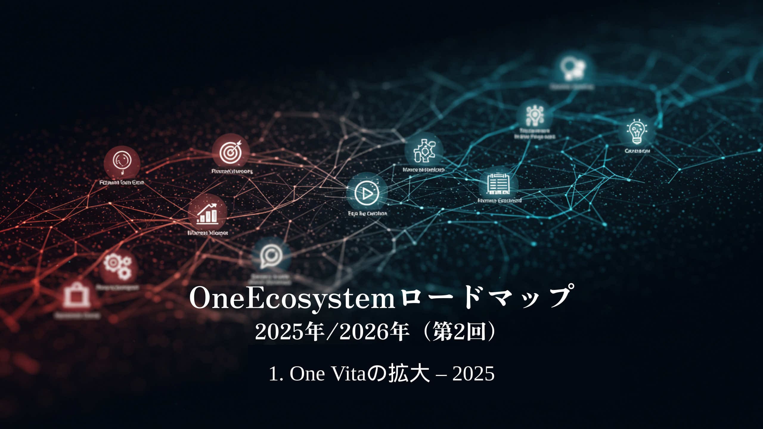 Graphique du réseau numérique avec icônes techniques et texte japonais : « Feuille de route OneEcosystem 2025/2026 (Partie 2)1. One Vita Expansion - 2025 », mettant en évidence la feuille de route de OneEcosystem et l’expansion prévue de One Vita en 2025.