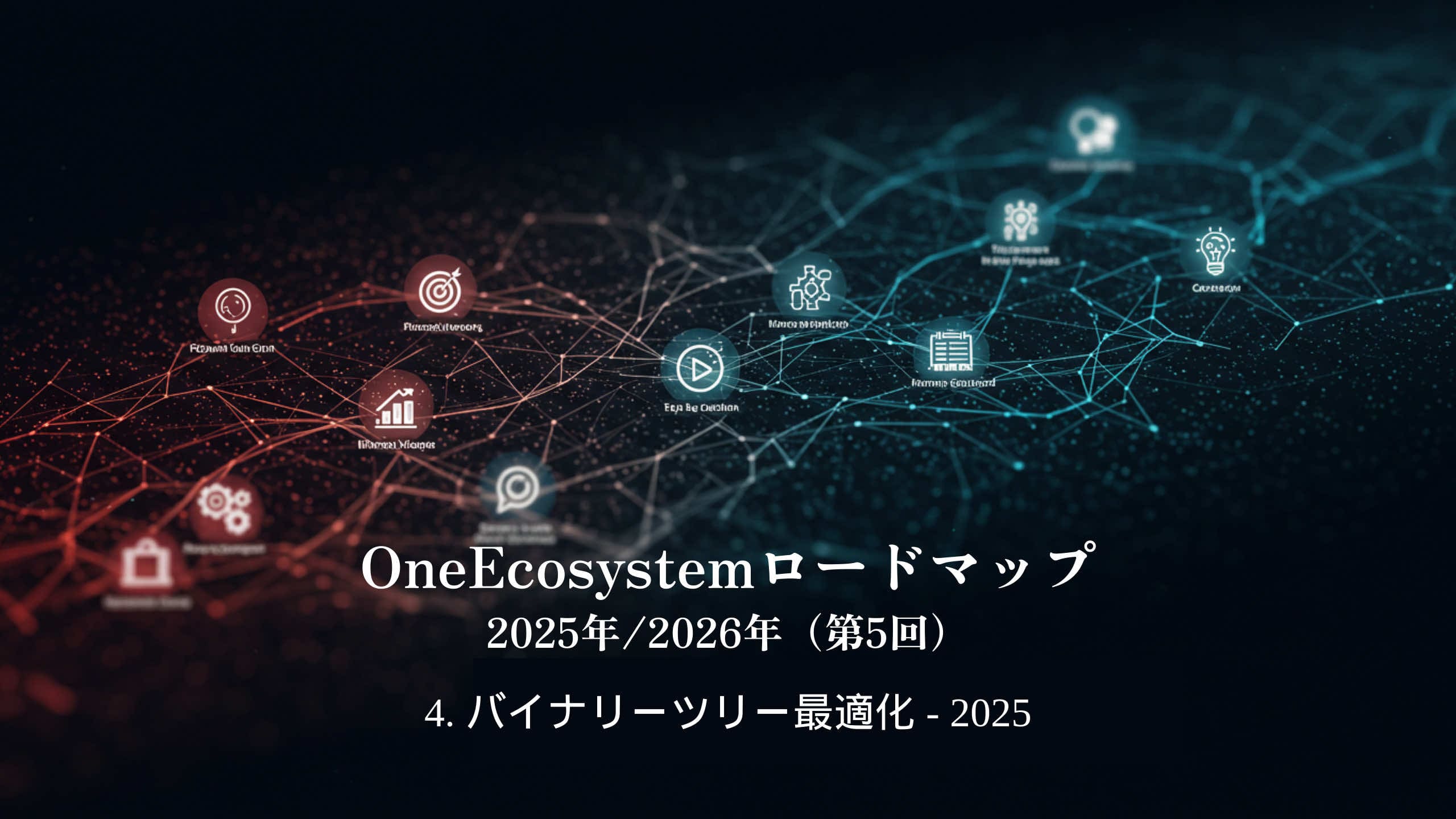 Un réseau numérique d'icônes interconnectées illustre la technologie et la finance. En bas, "Feuille de route OneEcosystem 2025/2026 (5e partie) 4. Optimisation de l'arbre binaire - 2025".