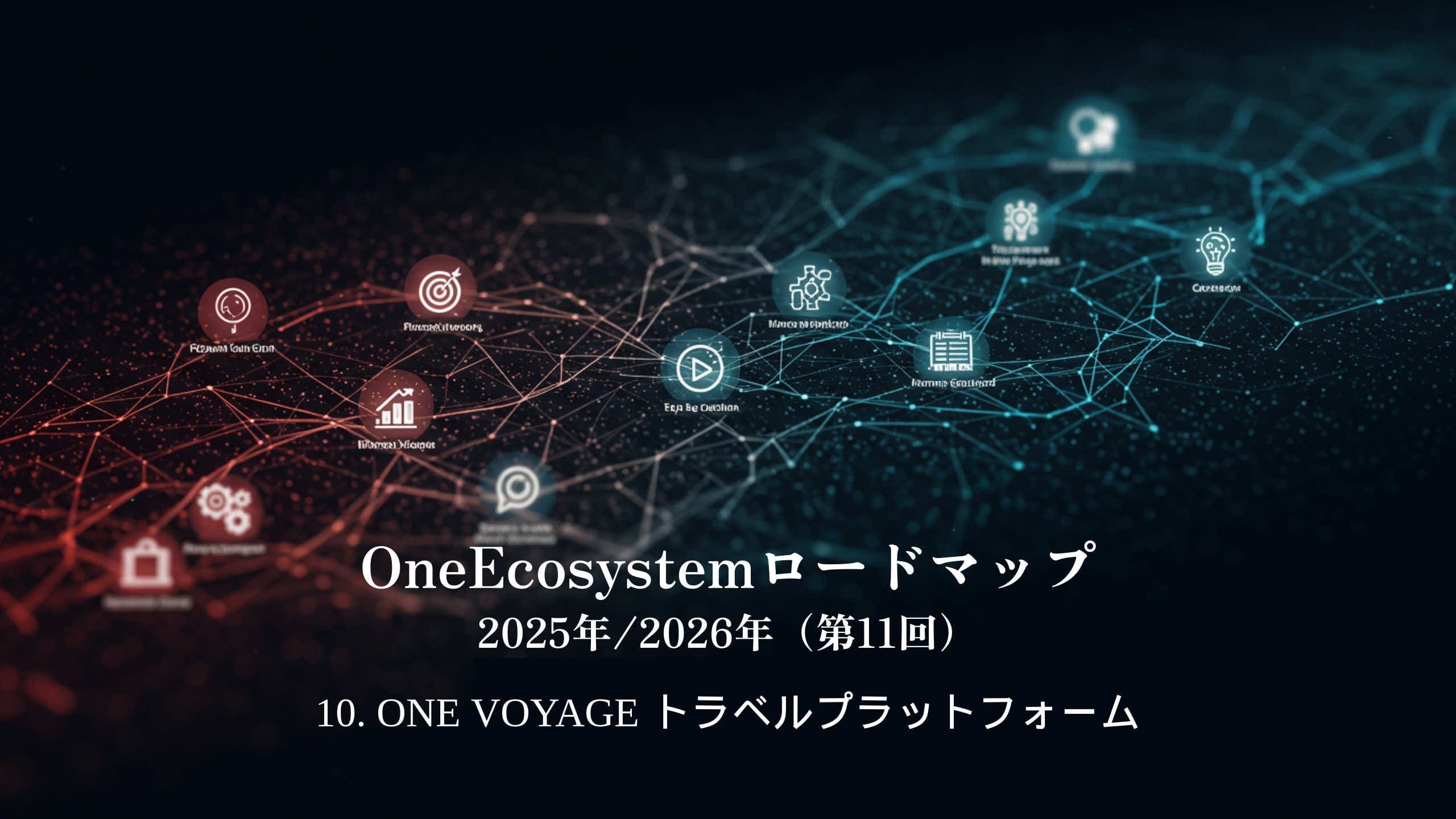 Graphiques de réseau numériques avec blockchain et icônes de voyage. Le texte japonais se lit comme suit : « Feuille de route OneEcosystem 2025/2026 (11th)10. Plateforme de voyage ONE VOYAGE.