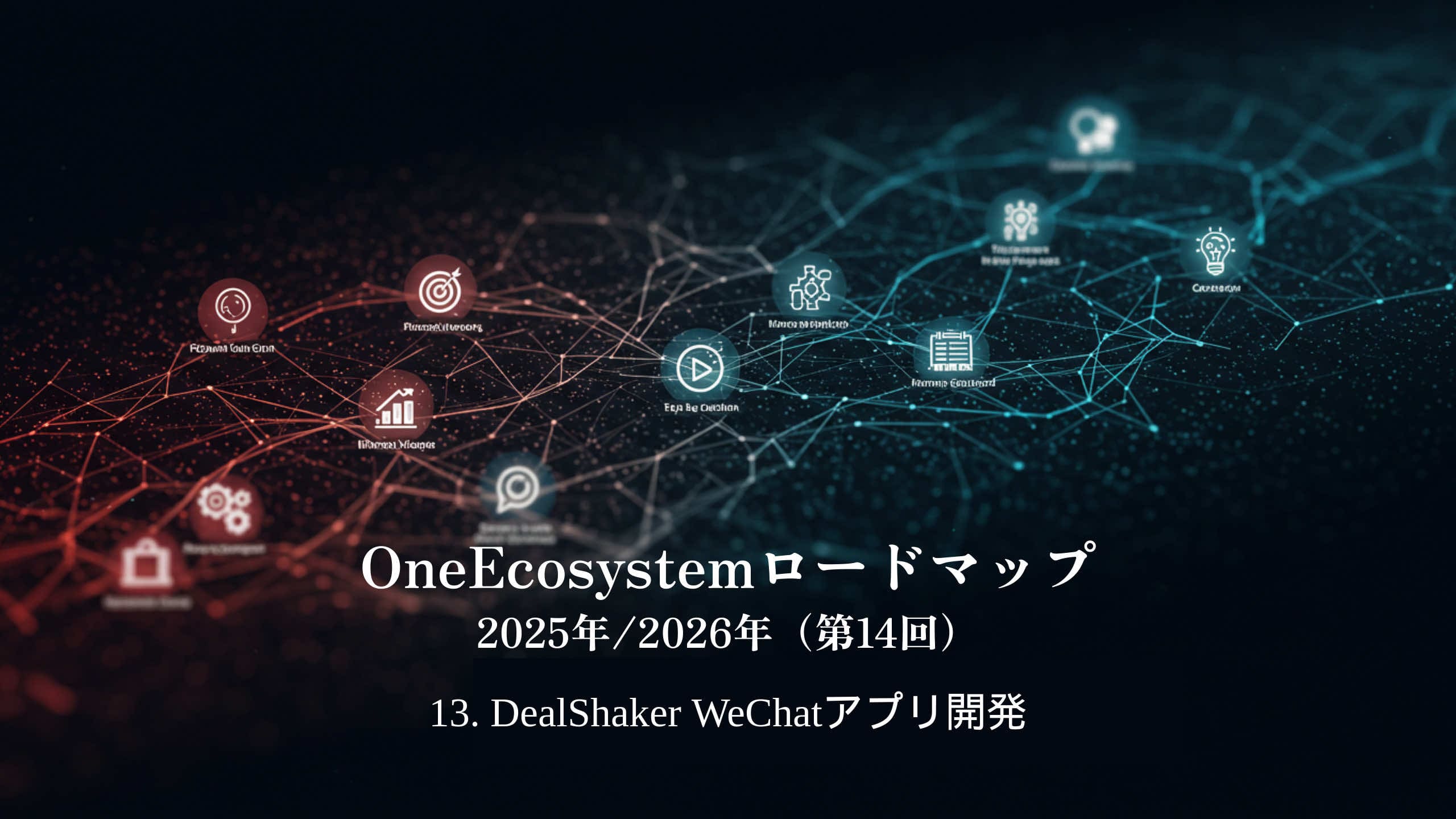 Feuille de route OneEcosystem 2025/2026 (14) 13. L’arrière-plan sombre montre « DealShaker WeChat App Development » en japonais.