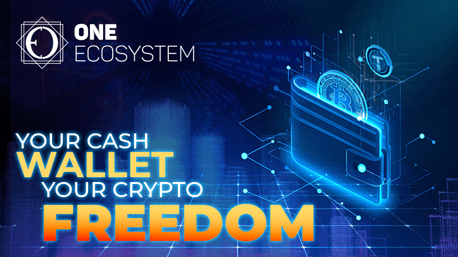 À partir de l’interface bleue brillante, un portefeuille numérique avec des pièces de crypto-monnaie apparaît. Le texte se lit comme suit : « Un écosystème, votre portefeuille d’argent. Votre liberté crypto. « L’arrière-plan représente un motif de réseaux numériques et de lumières de la ville, mettant en évidence la dernière mise à jour.