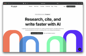 Capture d’écran de la page d’accueil du site Logicaly. Le texte « Rechercher, citer et écrire plus rapidement avec l’IA » apparaît au-dessus de l’arche colorée, avec des liens de navigation vers des produits, outils, prix, blogs et options de connexion en haut. Logique.