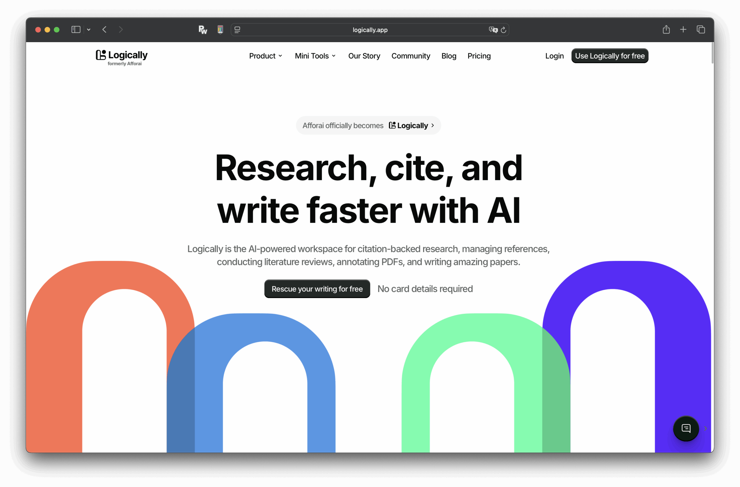 Capture d’écran de la page d’accueil du site Logicaly. Le texte « Rechercher, citer et écrire plus rapidement avec l’IA » apparaît au-dessus de l’arche colorée, avec des liens de navigation vers des produits, outils, prix, blogs et options de connexion en haut. Logique.