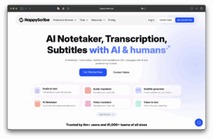 Capture d’écran de la page d’accueil de HappyScribe. Vous verrez des options pour la prise de notes, la transcription et le sous-titrage alimentés par l’IA, ainsi qu’un bouton démarrer et un bouton contact commercial. L’en-tête met l’accent sur la collaboration entre l’IA et les humains.