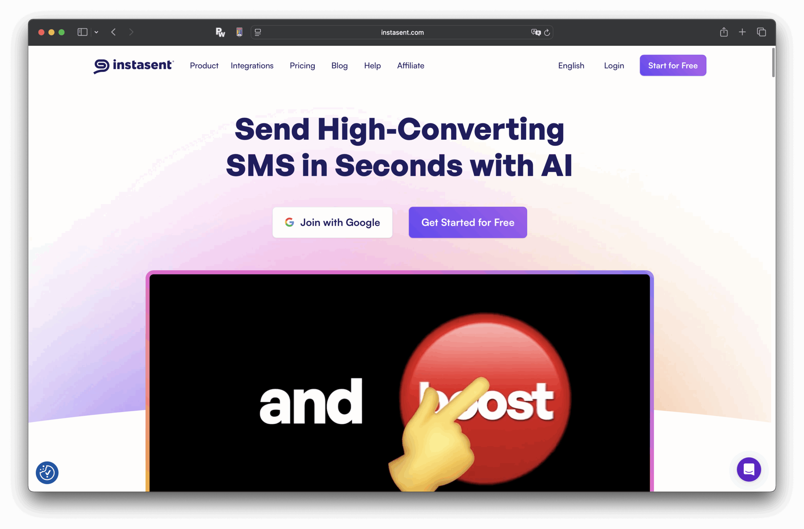 Sur la page d’accueil d’Instasent, il y a un titre qui utilise l’IA pour envoyer des SMS à forte conversion en quelques secondes. Il y a un partenariat Google et un bouton pour démarrer gratuitement, ainsi qu’un grand bouton rouge de publication pointé par une main de dessin animé.