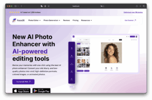 Il présente un design violet et blanc, un aperçu de l’éditeur photo montrant une femme souriante, des textes sur des outils d’édition alimentés par l’IA, et un bouton de téléchargement pour l’application.