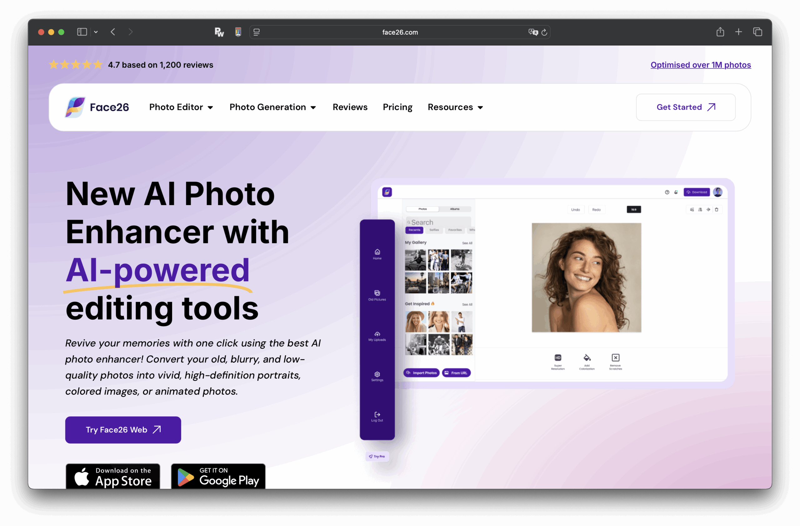 Il présente un design violet et blanc, un aperçu de l’éditeur photo montrant une femme souriante, des textes sur des outils d’édition alimentés par l’IA, et un bouton de téléchargement pour l’application.